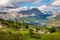 Summer Mountain Landscape with big peaks of Dolomites and trees, Alps, Italy, Europe