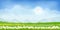 Summer mountain landscape with blue sky and clouds, Panorama Green fields, fresh and peaceful rural nature in springtime with