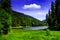 Summer mountain landscape, lake in the mountains. green trees in