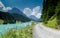 Summer mountain landscape with turquoise lake and gravel road bordered by wildflowers