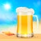 Summer mug of fresh beer on seascape background