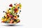 Summer multicolored fruit salad of mango, kiwi, raspberry, blueberry, in a plate on a white background