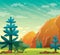 Summer nature illustration - fir, mountain, cave, grass