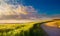 Summer nature landscape. Dirt road through a green wheat field.  Sunset over the field