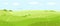 Summer nature, landscape. Field, green hills, blue sky with clouds, meadow with flowers. Vector illustration