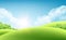 Summer nature sunrise background, a landscape with green hills and meadows, blue sky and clouds. Vector illustration