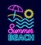 Summer neon sign with bright illumination. Beach, sea waves, sun.