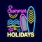 Summer neon sign with bright illumination. Surfboard, sun, starfish, travel.