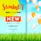 Summer new collection. Stylish advertisement text poster on blue summer sky backdrop with clouds, flying balloons, grass