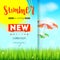 Summer new collection. Stylish advertisement text poster on blue summer sky backdrop with clouds, sun umbrellas, grass