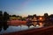 Summer night on the embankment of Yaroslavl. Kotorosl. Ship at the pier in the light of night lights. The reflection in the water