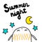 Summer night hand drawn illustration with cute marshmallow looking at the stars and moon