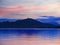 Summer night mountain landscape with Pyramidenkogel on Lake Woerther, Carinthia, Austria.