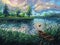 Summer oil painting nature forest landscape background on canvas with pond, evening sunset, lake, green trees, clouds, blue sky