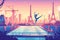 The Summer Olympic Games in Paris with Eiffel Tower background. Gymnastic sport. Modern art Grainy gradients.