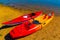 Summer in Omaha, Kayaks on the beach by the waters edge at Ed Zorinsky lake park, Omaha, Nebraska, USA