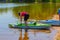 Summer in Omaha, Kayaks on the lake at Ed Zorinsky lake park, Omaha, Nebraska, USA