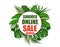 Summer online sale. Shop now. Banner on the background of palm leaves. illustration