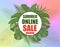 Summer online sale. Shop now. Banner on the background of palm leaves and a multi-colored gradient. illustration