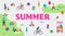 Summer outdoor scene with active family vacation, park activities illustration with kids, couples and families.