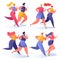Summer outdoor sports activities. Vector illustration with couples of people characters running, doing workout outside.
