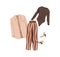 Summer outfit set. Fashion women apparel, clothes. Blazer, bodysuit, striped trousers, pants and heeled sandals. Stylish