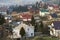 Summer panorama, Bukovel ski resort village in Carpathian mountains in Ukraine. Top view of residential houses, cottage under