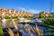 Summer panorama of Empuriabrava with yachts, boats and waterways in Costa Brava, Catalonia, Spain