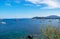 Summer panoramic seascape. View of the coast of Corfu with yachts. The Ionian Archipelago. Greece