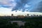 Summer panoramic view. Dramatic stormy sky over the environmentally friendly comfortable residential district in Moscow.