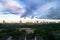 Summer panoramic view. Dramatic stormy sky over the environmentally friendly comfortable residential district in Moscow.