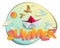 Summer papercut word with origami folded toy ship birds sun and clouds vector modern style cartoon paper cut 3d illustration.