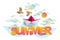 Summer papercut word with origami folded toy ship birds sun and clouds vector modern style cartoon paper cut 3d illustration.