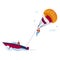 Summer parachute extreme sport at water, sun holiday vacation with paragliding, vector illustration. Fly travel at sky