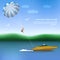 Summer parachuting over river with boat.