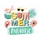 Summer paradise banner. Creative lettering with camera, coconut drink, hat, sunglasses and palm leaves.