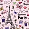 Summer Paris with Eiffel Tower, butterfly. Vector Seamless pattern. Cute female pink background.