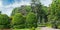 Summer park,hedge, green meadow and blue sky. Wide photo.