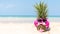 Summer in the party.  Hipster Pineapple Fashion in sunglass and listen music on the sand beach beautiful blue sky background.