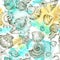 Summer Party holiday background, watercolor illustration. Seamless pattern with sea shells, molluscs and palm leaves