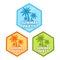 Summer party with palms sign, grunge flat design hexagons labels