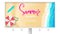 Summer party on seascape seashore with sandy beach. Advertising on Billboard. Vector poster of summer beach with waves