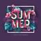 Summer party typography poster with flamingo and tropic leaves.