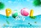 Summer party vector concept design. Pool party typography creative text with floating beach ball and inflatable letters in front.