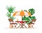 Summer patio furniture and tropical plants. Restaurant or cafe wooden table with chairs and beach umbrellafor holiday.