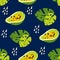 Summer pattern with abstract papaya and palm leaf on dark background. Ornament for textile and wrapping.