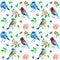 Summer pattern with birds, bees and roses on white background