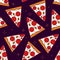 Summer pattern with cartoon pieces of pizza on black background. Thin line flat design. Fast food