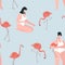 Summer pattern with flamingos and girls in swimsuits. Vector seamless texture