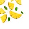 Summer Pattern with Slices of Pineapple . Exotic fruit Pineapple chunks  on white background. Flat lay. Summertime concept